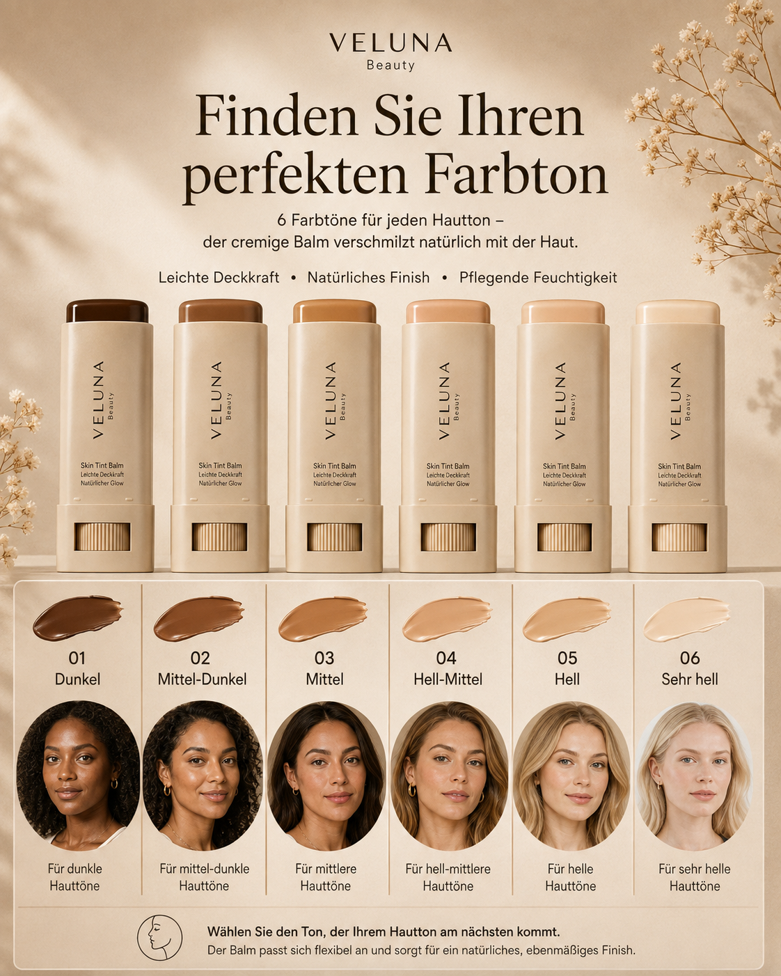 Alle Farbtöne von VELUNA™ Getönter Balsam mit Swatches und passenden Hauttönen